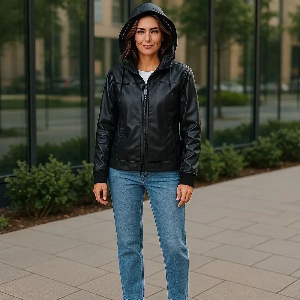 Levi’s Womens Retro Faux Leather Black Moto Bomber Jacket Full Zipper Size Small